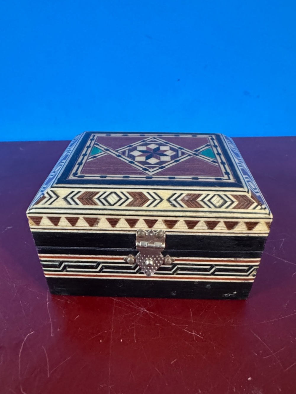 Laguna B Inlaid Geometric Wooden Jewelry Box - Brown, Ivory & Teal Accents